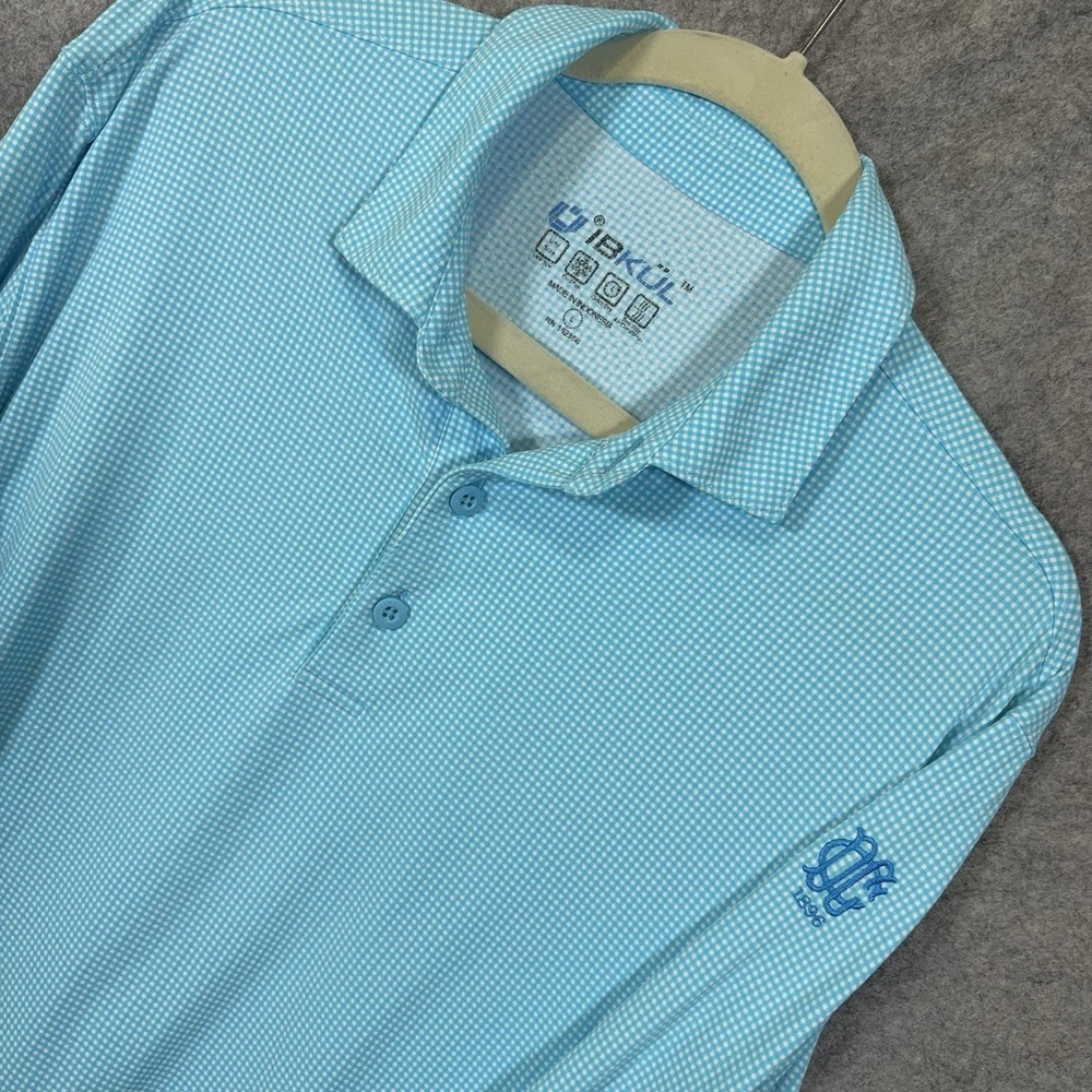 IBKUL Polo Shirt Mens Sz L Blue Micro Check Long Sleeve UPF 50 Quick Dry LOGO